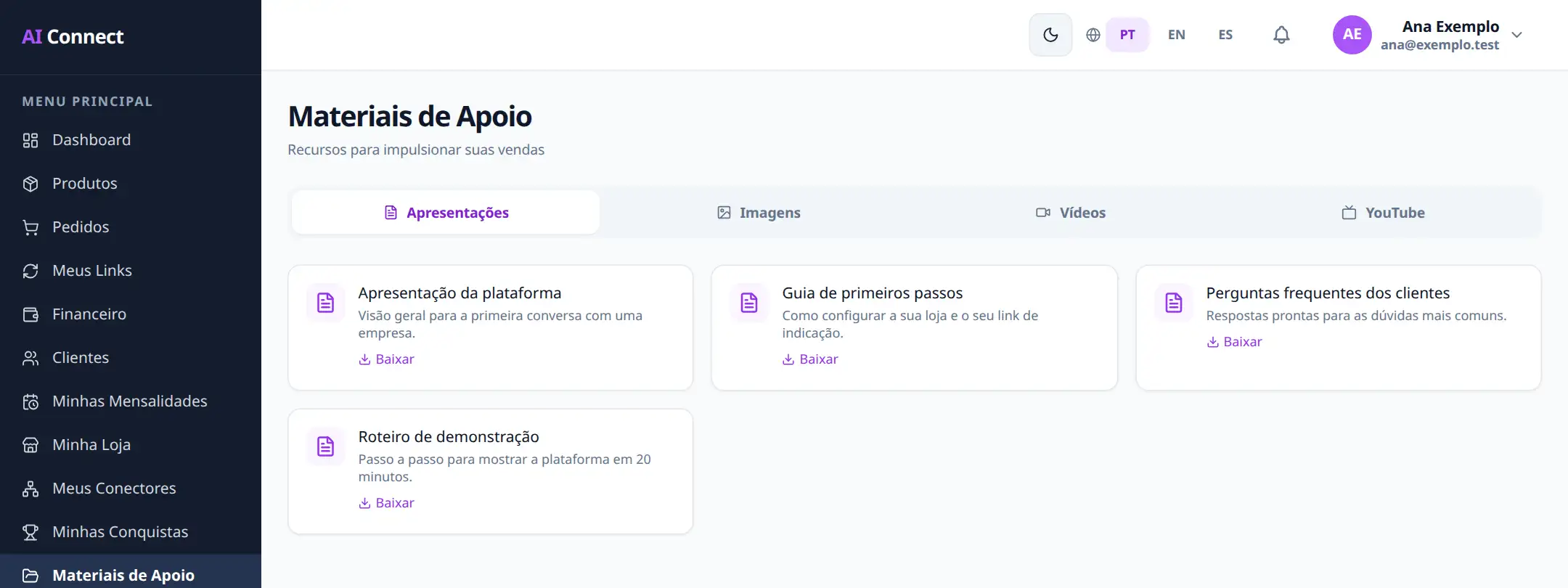 Tela de Materiais de Apoio do Escritório Virtual dos connectors da AI Connect Group, com apresentações para baixar (dados fictícios).